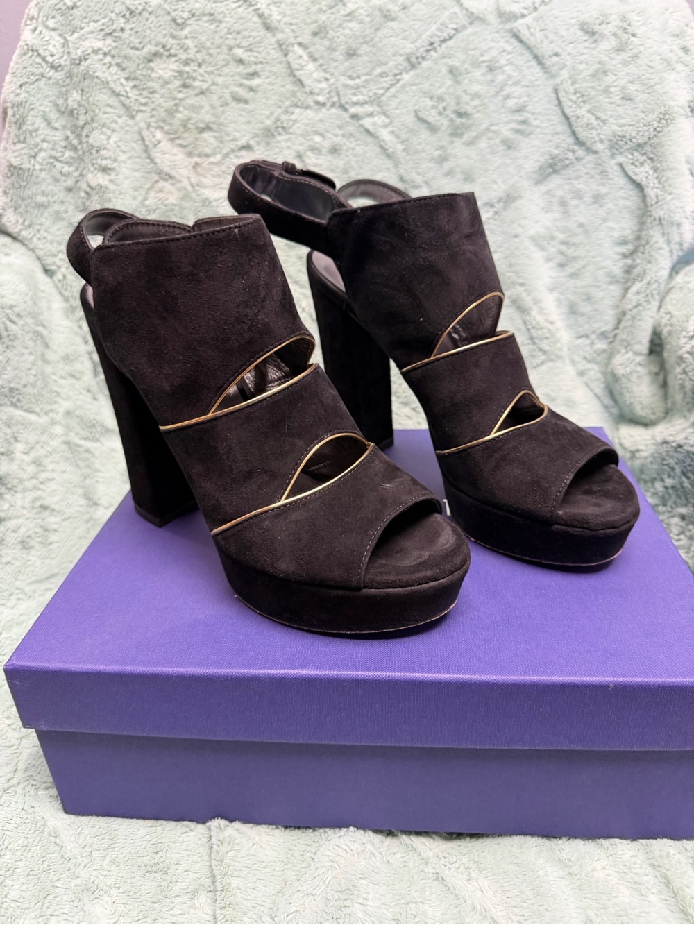 Stuart Weitzman Black Suede Platform Block Heel Sandals
